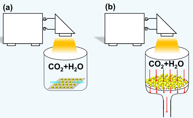 （a）薄膜气相反应模式和（b）固定床气相反应模式